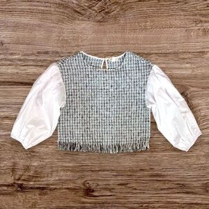 RILEY & RAE Gray Light Blue White Black Tweed Drop Puff Sleeve Blouse Women's XS